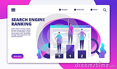 Search engine ranking. Seo marketing strategy and website optimization. Success online business landing vector page Vector Illustration