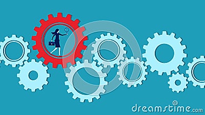 Search engines and analysis. Business woman magnifying glass on gears Vector Illustration