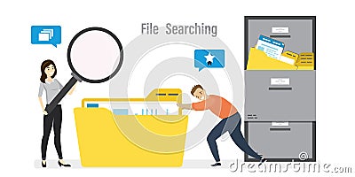 Search files and documents in large archive. Businesswoman uses magnifying glass,male clerk push big folder with documents Vector Illustration