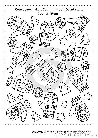 Search, find, count, color game, puzzle or activity: Count mittens. Count stars. Count fir trees. Count snowflakes. Answer include Stock Photo