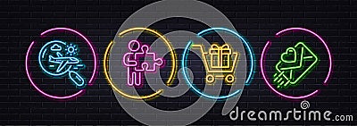 Search flight, Puzzle and Shopping cart minimal line icons. For web application, printing. Neon laser 3d lights. Vector Vector Illustration