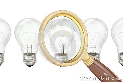 Search ideas concept with magnifier and lightbulbs, 3D rendering Stock Photo