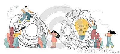 Search for ideas. A team of people are working on the implementation of the idea. Movement towards the goal. Vector flat Vector Illustration