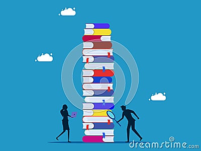 Search for information or business knowledge. Business team using a magnifying glass looking at a pile of books Vector Illustration