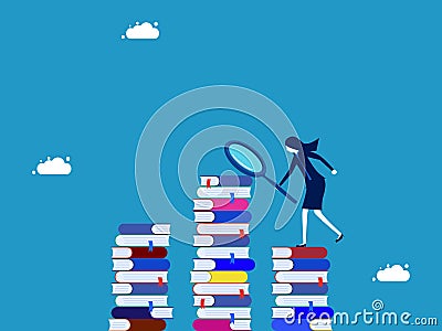 Search for information. The businesswoman uses a magnifying glass to find a lot of information on stacks of books Vector Illustration