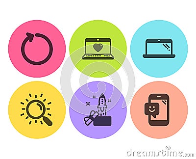 Search, Innovation and Web love icons set. Laptop, Loop and Smile signs. Find document, Crowdfunding. Vector Vector Illustration