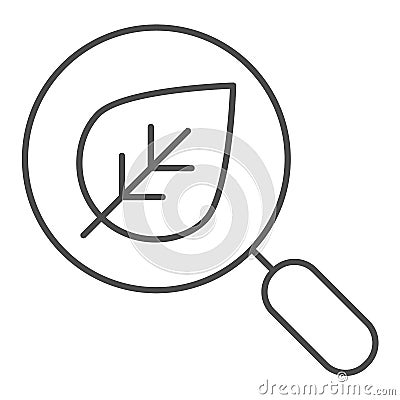 Search with leaf thin line icon. Magnifying glass and plant vector illustration isolated on white. Eco search outline Vector Illustration