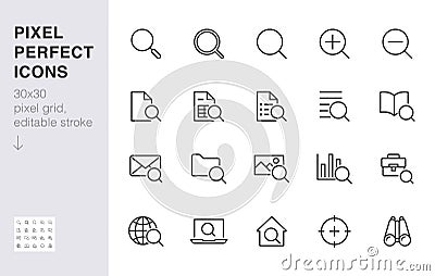 Search line icons set. Zoom, find document, magnify glass symbol, look tool, binoculars minimal vector illustrations Vector Illustration