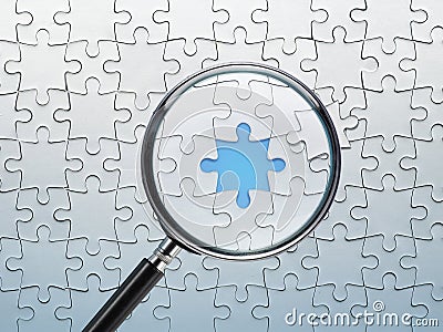 Search for missing puzzle pieces with a magnifying glass. Concept image of detecting a defect Editorial Stock Photo
