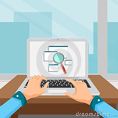 Search online concept with laptop and person surfing the Internet Vector Illustration