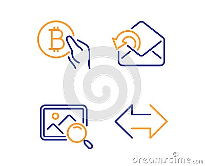 Search photo, Bitcoin pay and Send mail icons set. Sync sign. Find image, Cryptocurrency coin, Sent message. Vector Vector Illustration
