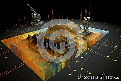 Search for places for oil production. A cross section of the earth. Oil production. Layers of soil. 3d illustration Cartoon Illustration