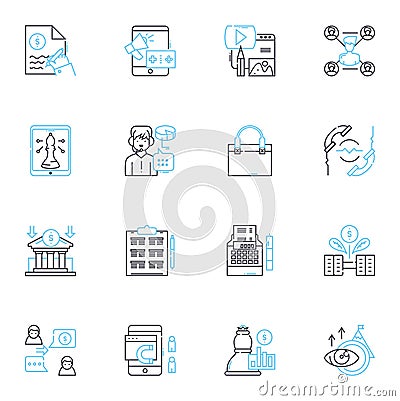 Search promotion linear icons set. Visibility, Optimization, Rankings, Keywords, Traffic, Engagement, Perseverance line Vector Illustration