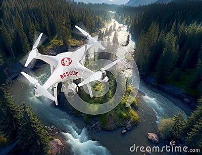 Search And Rescue Unmanned Aircraft System, UAS Drone Above A Raging Mountain River - Generative AI Stock Photo