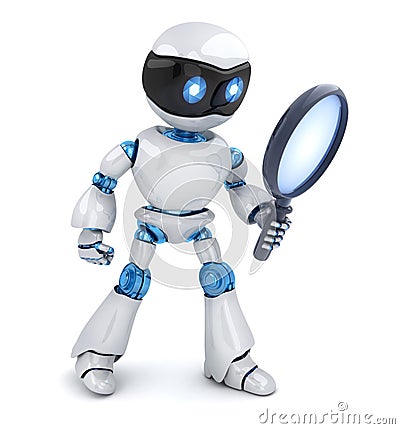 Search white robot and lens Cartoon Illustration