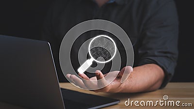 Search.Searching Browsing Internet Data Information with the blank search bar.Man holding with a magnifying glass symbol Stock Photo