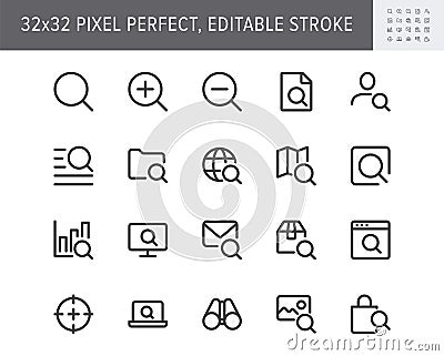 Search simple line icons. Vector illustration with minimal icon - lupe, analysis, lens, loupe, target, hr, globe, folder Vector Illustration