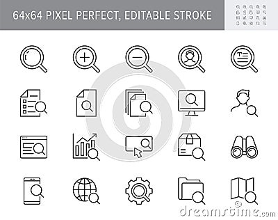 Search simple line icons. Vector illustration with minimal icon - lupe, analysis, spyglass lens, loupe, gear, hr, globe Vector Illustration