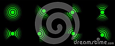 Search of target. Military display or screen. Signal detect target. Sonar sound wave Vector Illustration