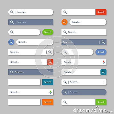 Search ui. Internet searching bars with buttons, web browser interface boxes for site menu. Isolated vector template Vector Illustration