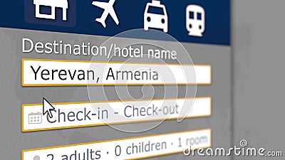 Hotel search in Yerevan on some booking site. Travel to Armenia related 3D rendering Stock Photo