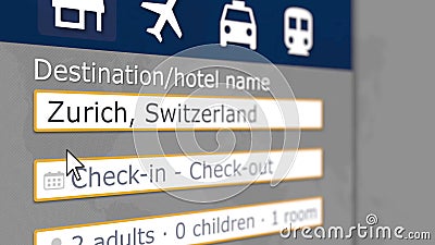 Online hotel search in Zurich on some booking site. Travel to Switzerland conceptual 3D rendering Stock Photo