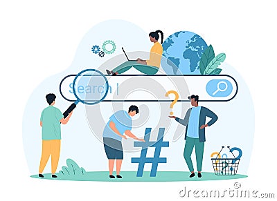 Searching for information on Internet, web search query optimization, SEO of tiny people Vector Illustration