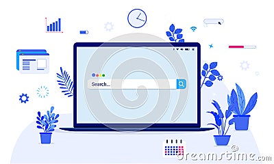 Searching the internet - Laptop computer with search engine on screen Vector Illustration