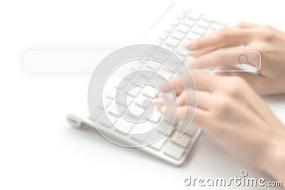 Searching internet. Online website search engine selective focus. Blured hands using computer for searching browsing Stock Photo