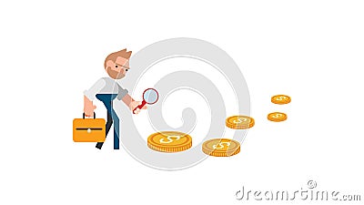 Searching for investment opportunity, curios businessman with magnifier inspect and follow money coins trail Vector Illustration