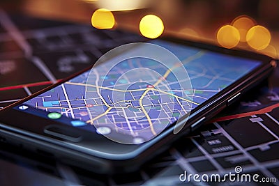 Searching location in map online on smartphone. Online navigator and travel. Stock Photo
