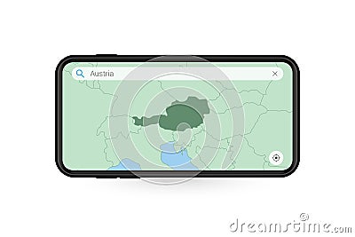 Searching map of Austria in Smartphone map application. Map of Austria in Cell Phone Vector Illustration