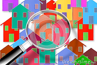 Searching new home concept image - concept image with colorful houses seen through the magnifying glass Stock Photo