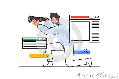 Searching opportunities outline web concept with character scene. Man looks into spyglass, choosing goal. People situation in flat Vector Illustration