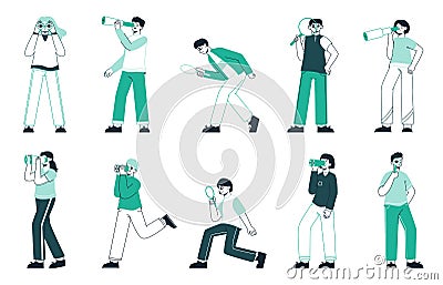 Searching people, characters looking smth with spy glasses. Exploring, searching work opportunities and ideas vector illustration Vector Illustration