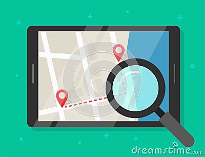 Searching road map location vector illustration, reviewing trip travel direction route on city navigation digital tablet Vector Illustration