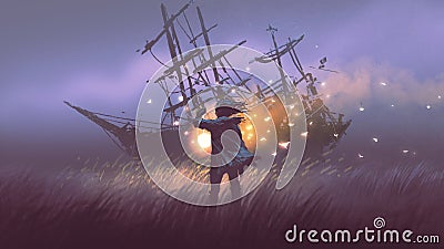 Searching the shipwreck with magic lantern Cartoon Illustration