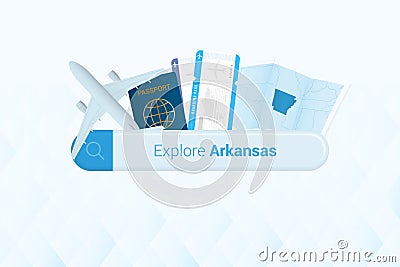 Searching tickets to Arkansas or travel destination in Arkansas. Searching bar with airplane, passport, boarding pass, tickets and Vector Illustration