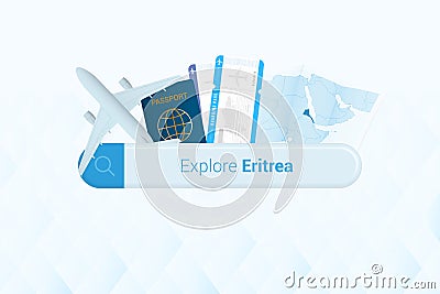Searching tickets to Eritrea or travel destination in Eritrea. Searching bar with airplane, passport, boarding pass, tickets and Vector Illustration
