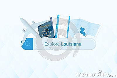 Searching tickets to Louisiana or travel destination in Louisiana. Searching bar with airplane, passport, boarding pass, tickets Vector Illustration