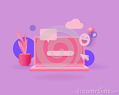 Searching web bar on the screen of modern laptop. 3d cute style vector illustration with cute elements. Copy space. Banners, Vector Illustration