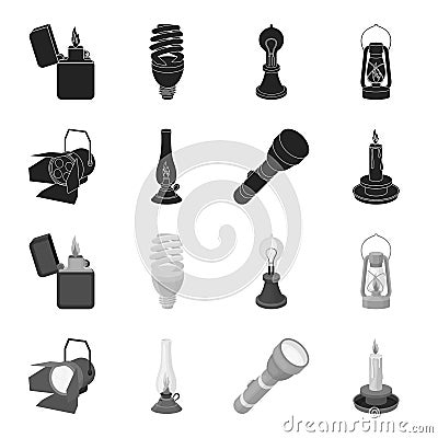 Searchlight, kerosene lamp, candle, flashlight.Light source set collection icons in black,monochrome style vector symbol Vector Illustration