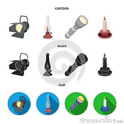 Searchlight, kerosene lamp, candle, flashlight.Light source set collection icons in cartoon,black,flat style vector Vector Illustration