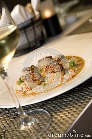 Seared scallops on a bed of risotto Stock Photo