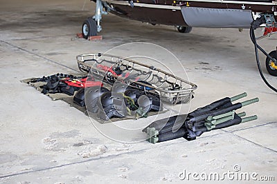 Searh and rescue equipment arrange on ground before mission with Stock Photo