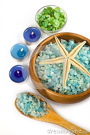 Seasalt and aromatic candles for spa Stock Photo