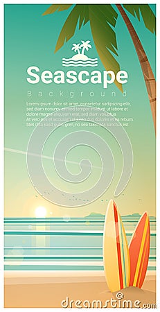 Seascape background with surfboards on the beach Vector Illustration