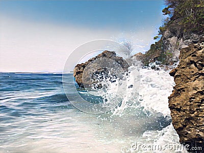 Seascape with big wave. Tropic sea retro image with text place Stock Photo