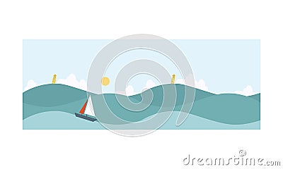 Seascape, blue sea background with waves, yacht, beacon vector Illustration Vector Illustration