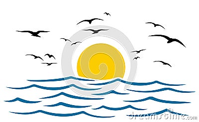 Seascape, blue sea and sun, wave, summer sign with seagulls â€“ vector Vector Illustration